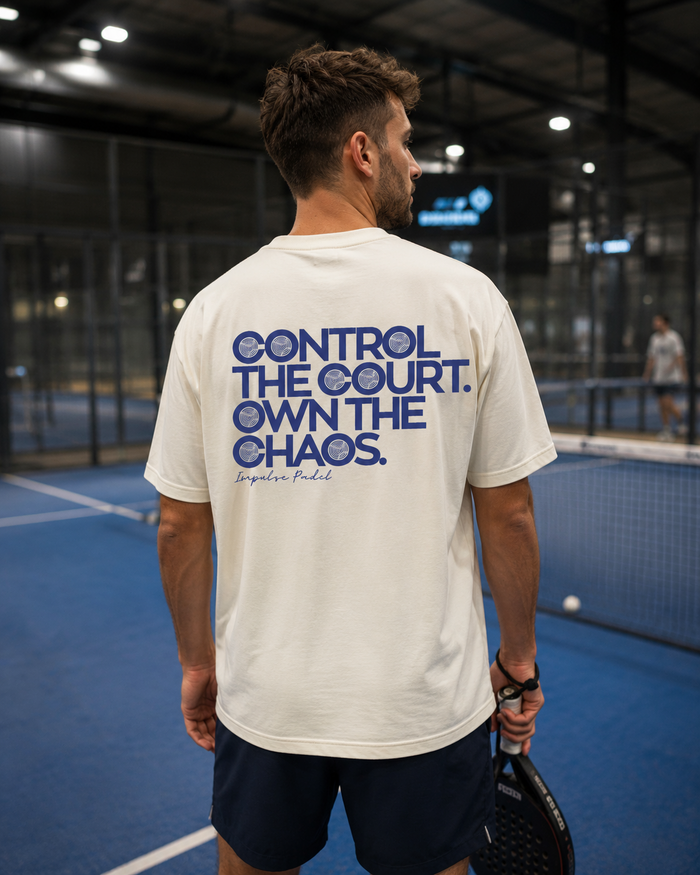 T-shirt Own The Chaos Impulse Padel porté de dos sur terrain de padel