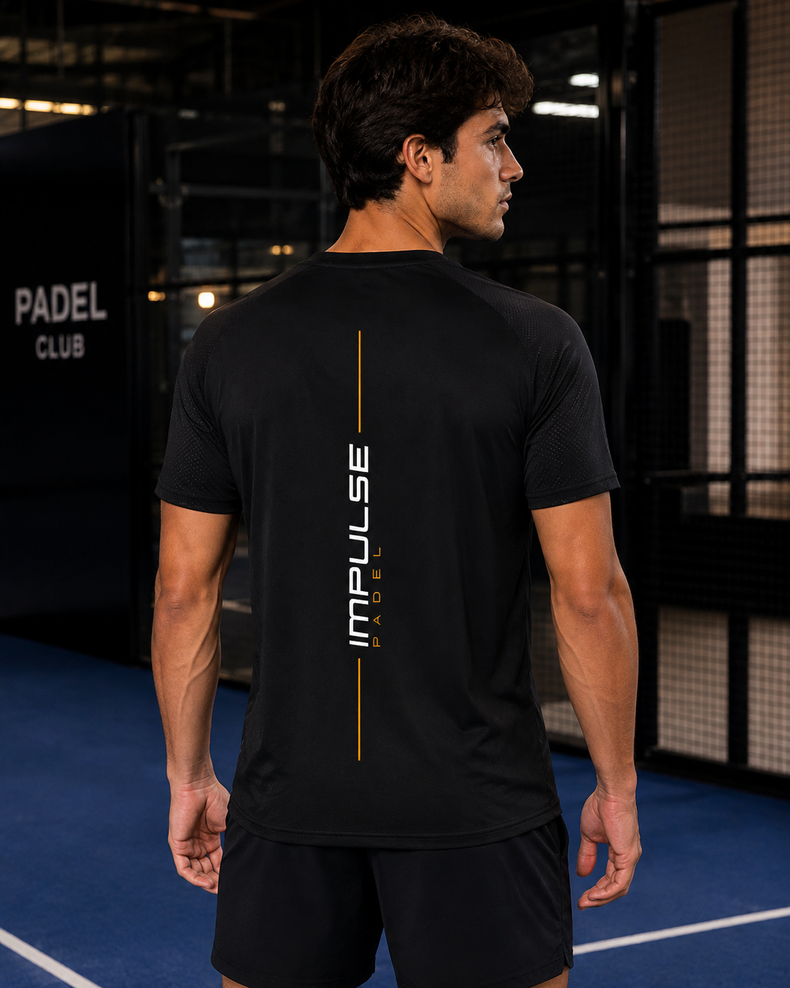 T-shirt technique de padel homme Impulse noir porté, vue de dos
