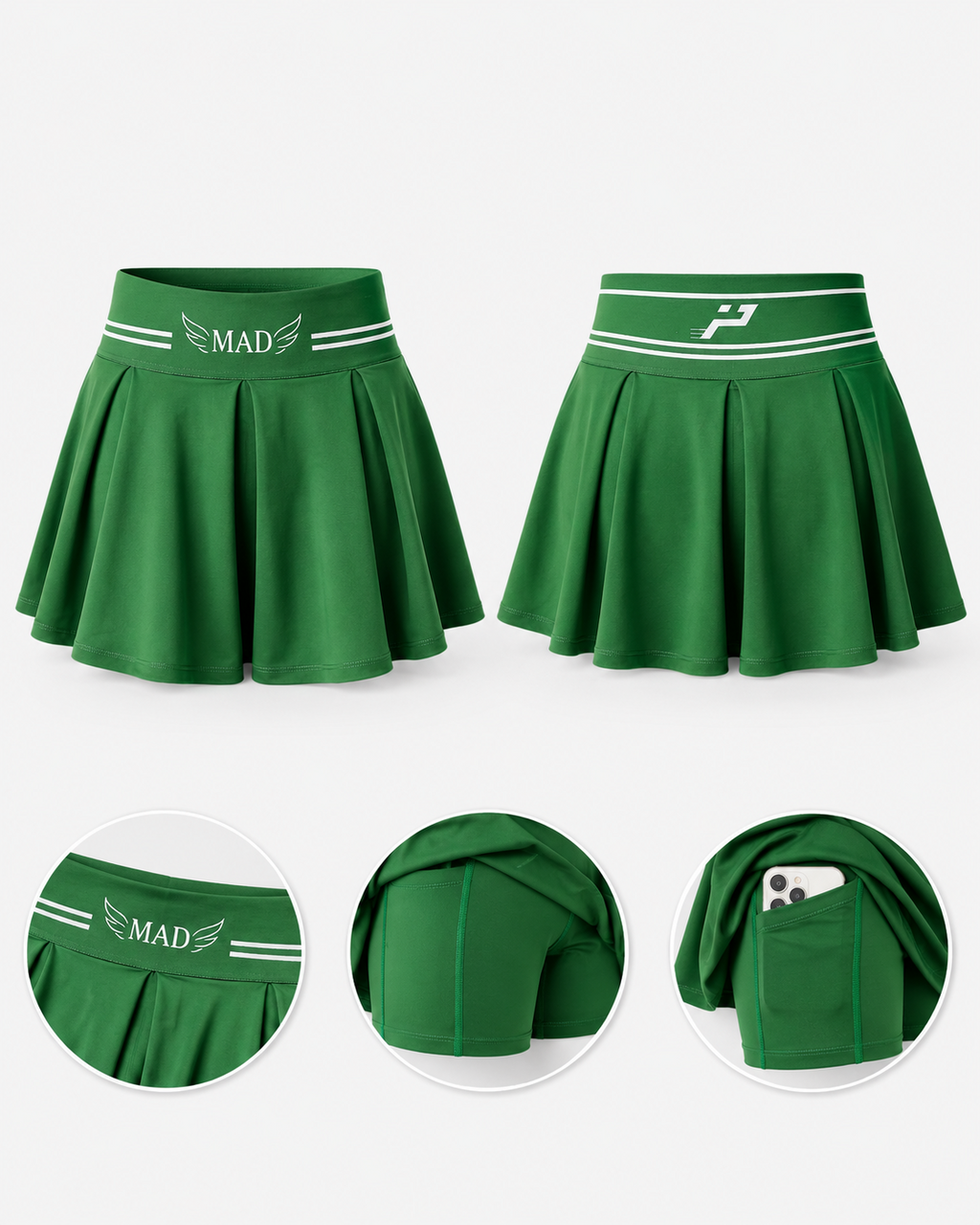 Jupe MAD verte femme détail du sous-short et poche balle