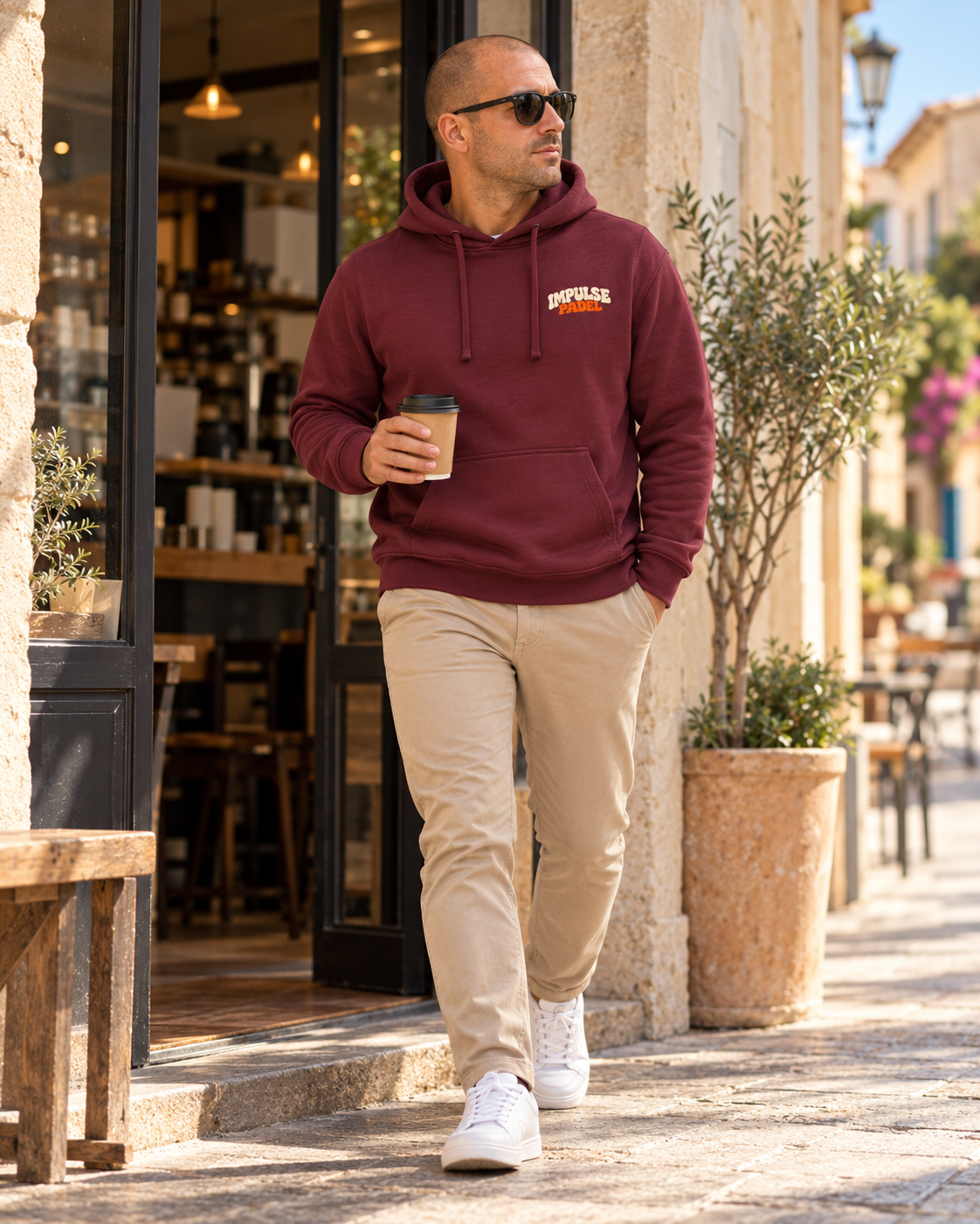 Hoodie Match & Soda prune Impulse Padel porté de face en extérieur