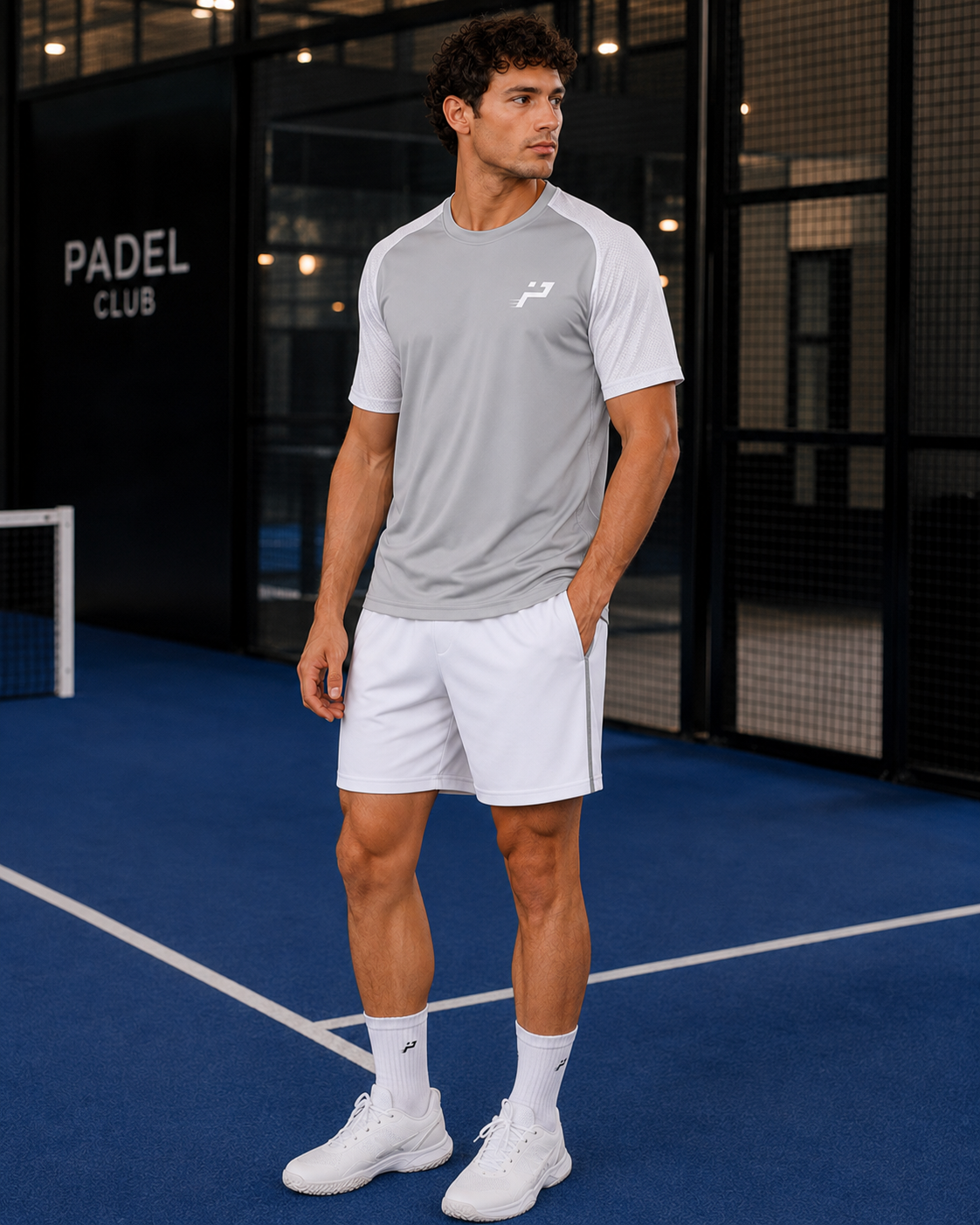Short de padel homme blanc avec liseré gris Impulse Padel porté sur terrain
