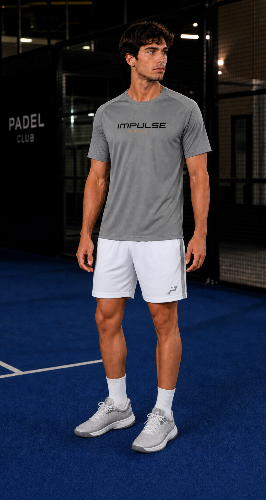 Short technique de padel homme PA1030 blanc et gris Impulse Padel porté de face