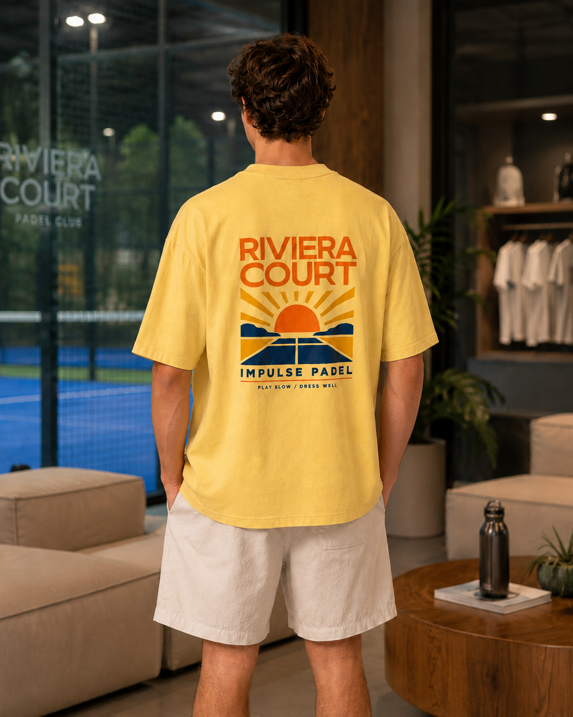 T-shirt lifestyle padel homme jaune pâle Riviera Court porté en intérieur