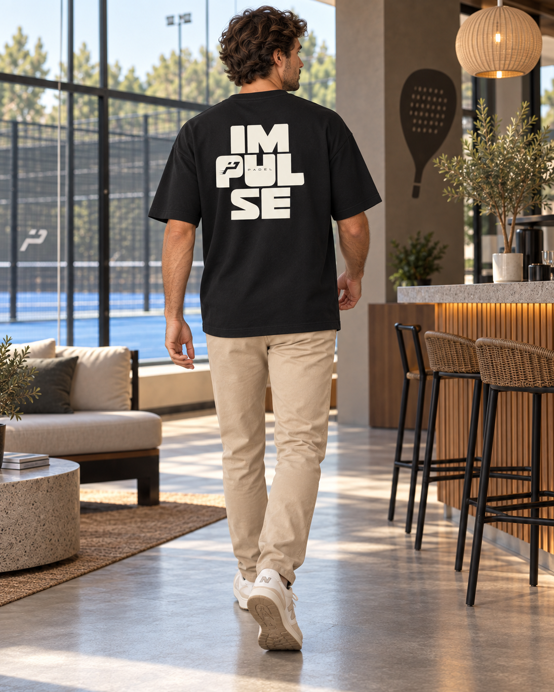 T-shirt homme oversize Impulse noir porté de dos, grand marquage Impulse écru, avec chino beige café