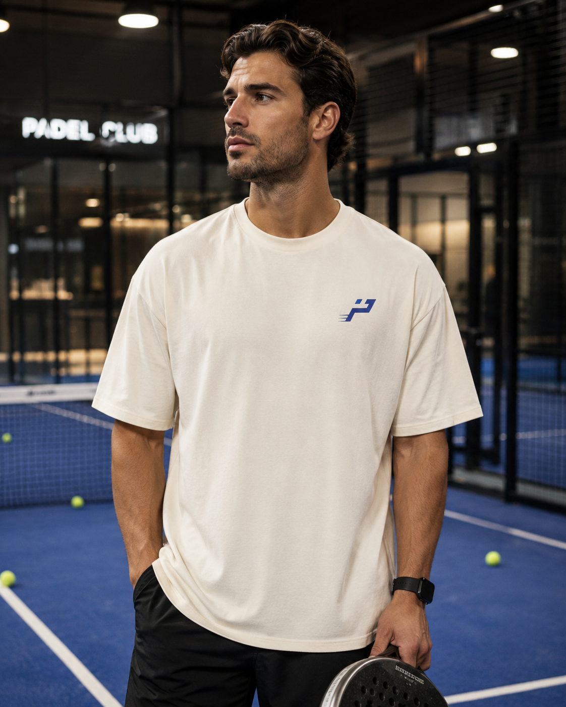 T-shirt Own The Chaos Impulse Padel porté de face sur terrain de padel