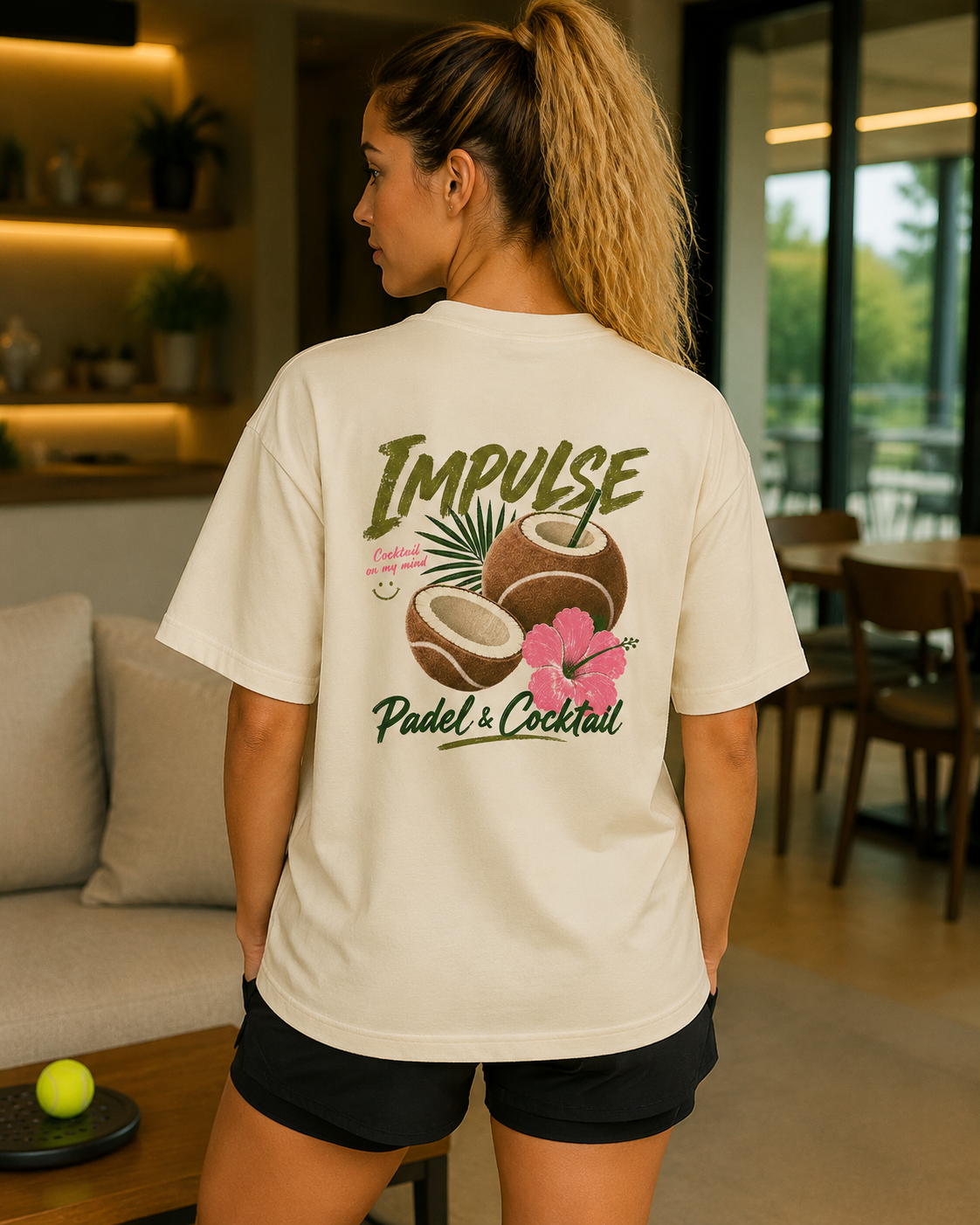 T-shirt de padel femme oversize ivoire Padel et Cocktail porté de dos