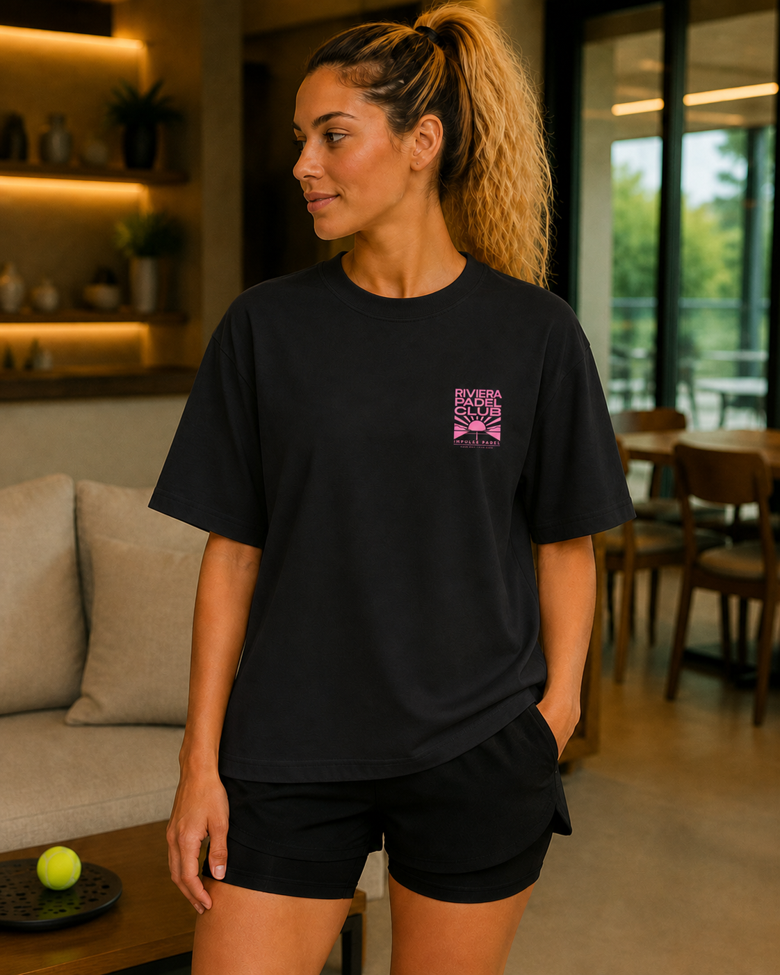 T-shirt padel femme oversize noir RIVIERA PADEL CLUB porté de face