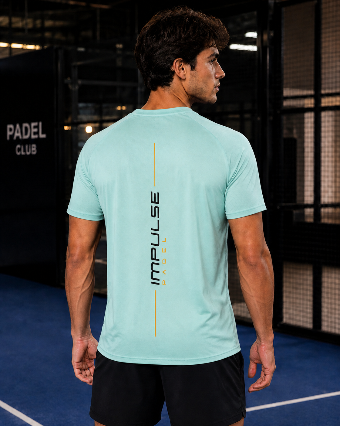T-shirt de padel homme Essentiel Ice Mint porté de dos avec short noir
