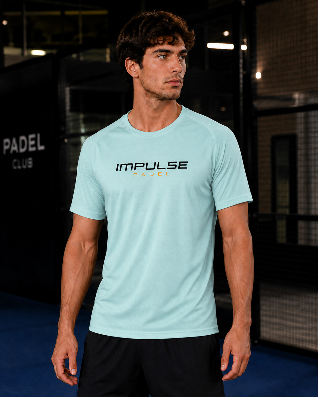 T-shirt de padel homme Essentiel Ice Mint porté de face avec short noir
