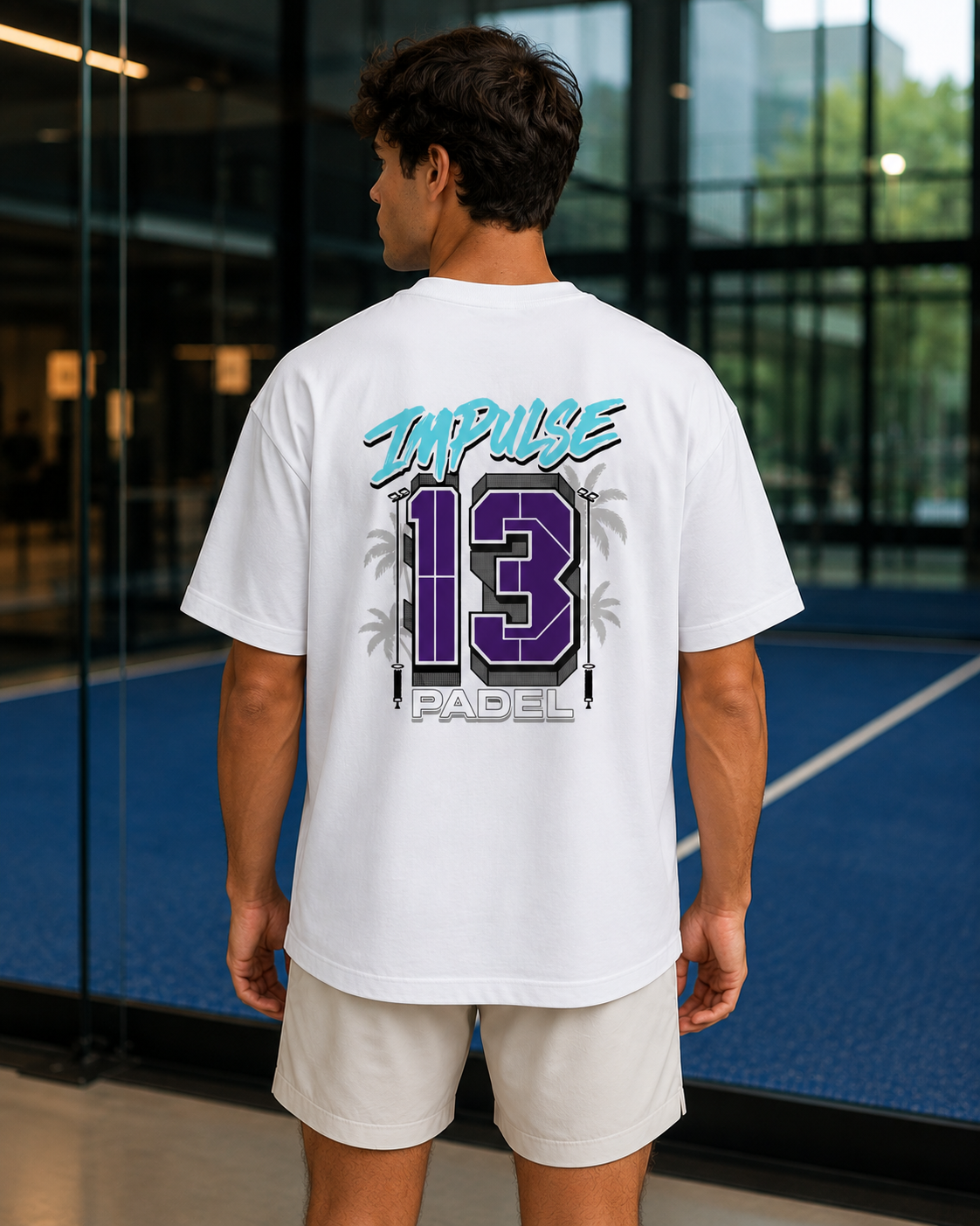 T-shirt padel homme oversize blanc IMPULSE 13 porté de dos