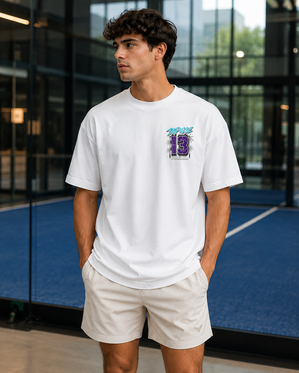 T-shirt padel homme oversize blanc IMPULSE 13 porté de face