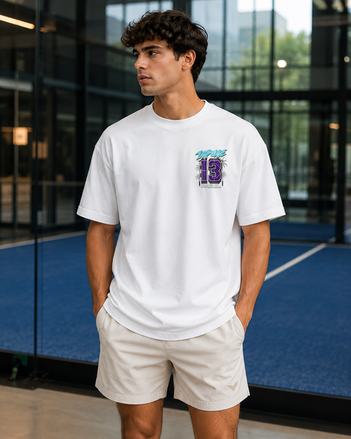 T-shirt padel homme oversize blanc IMPULSE 13 porté de face