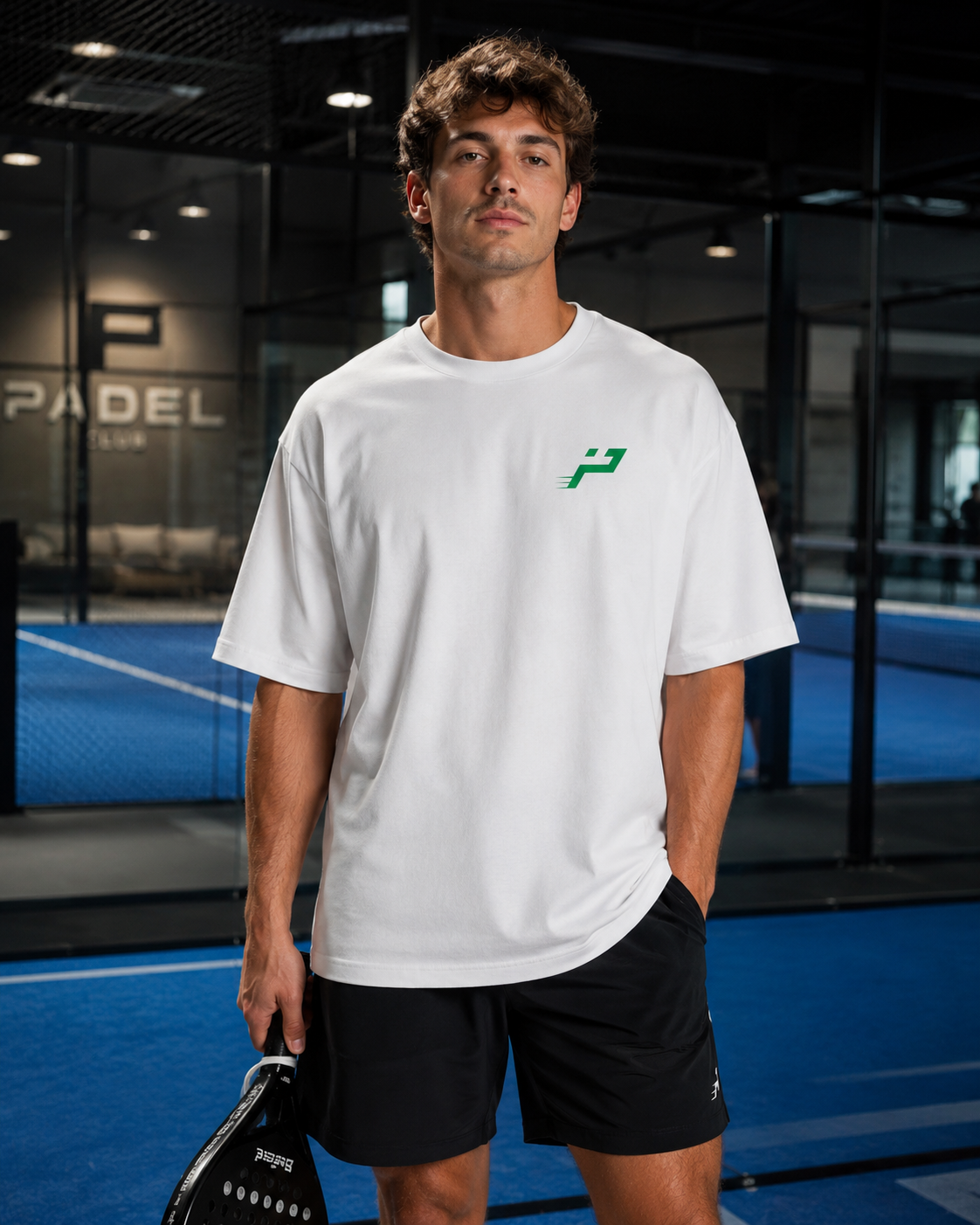 T-shirt Play Hard Feel Free blanc et vert porté de face sur terrain de padel