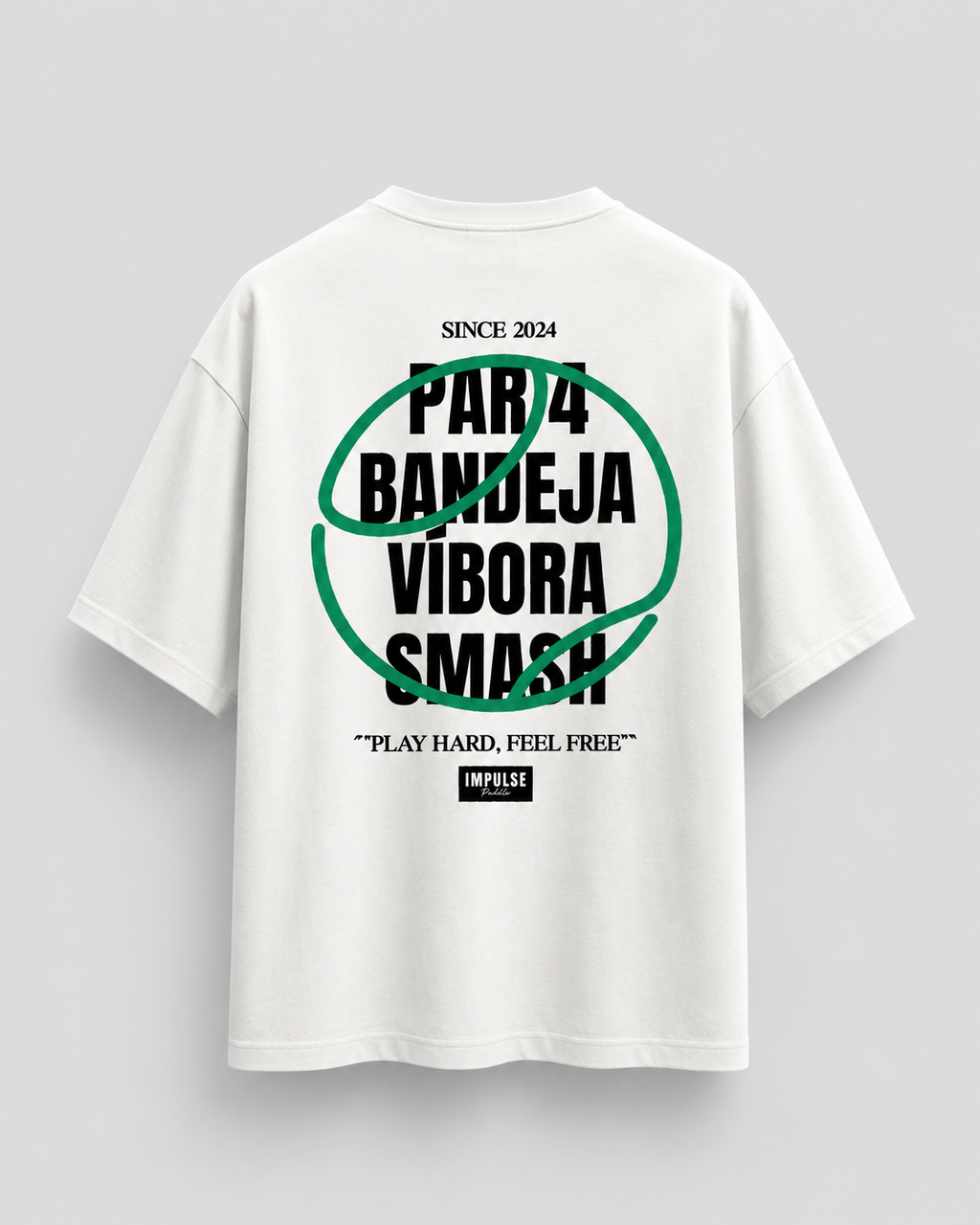 T-shirt Play Hard Feel Free blanc et vert Impulse Padel vue de dos avec grand design