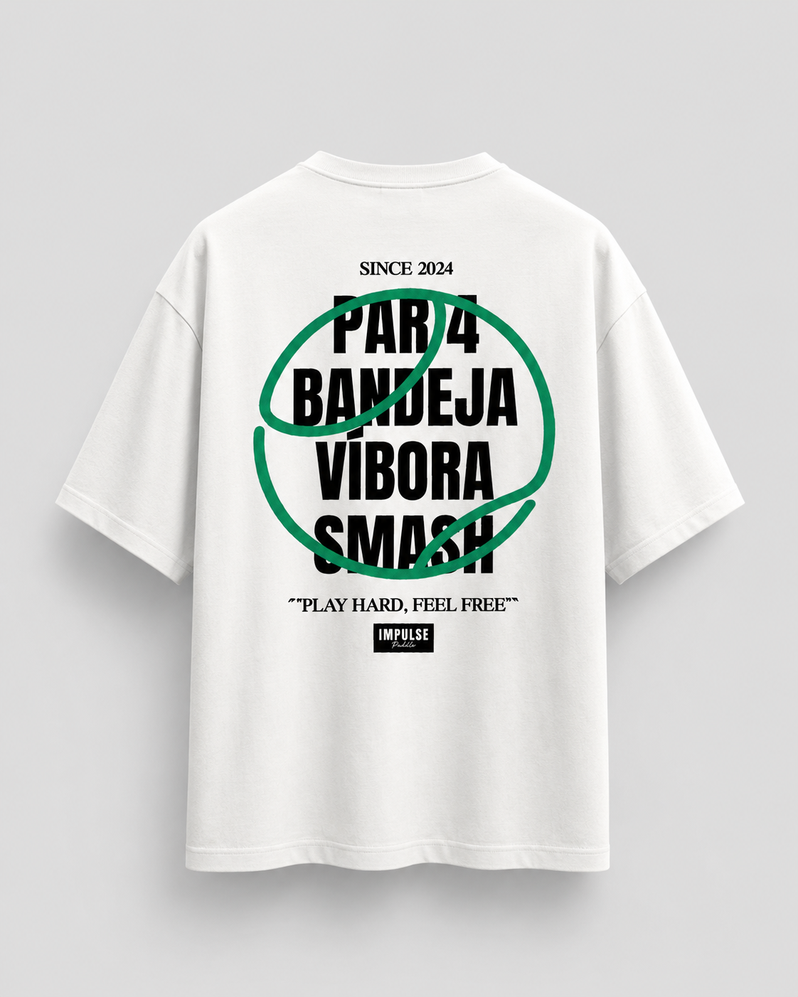 T-shirt Play Hard Feel Free blanc et vert Impulse Padel vue de dos avec grand design