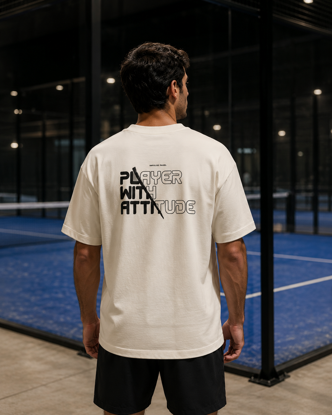 T-shirt Player With Attitude porté de dos sur terrain de padel