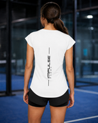 T-shirt technique femme blanc vu de dos avec marquage vertical Impulse Padel
