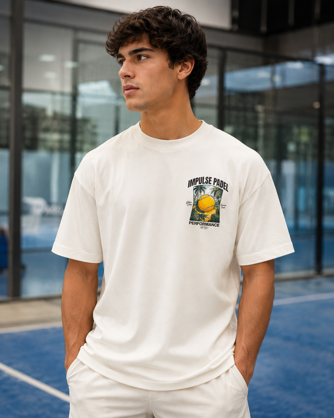 T-shirt Tropical Court Impulse Padel porté de dos au club de padel