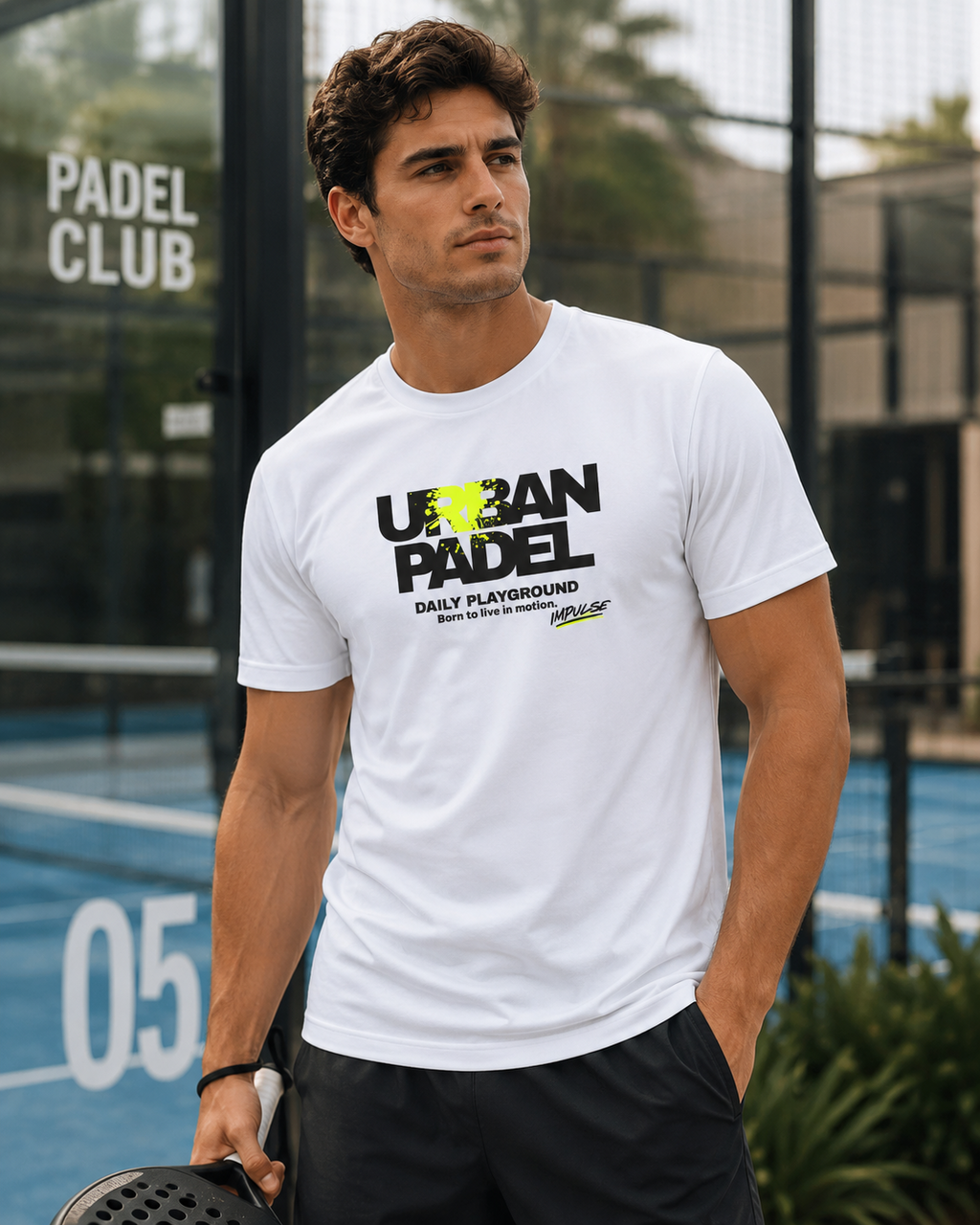 T-shirt Urban Padel blanc porté au club de padel