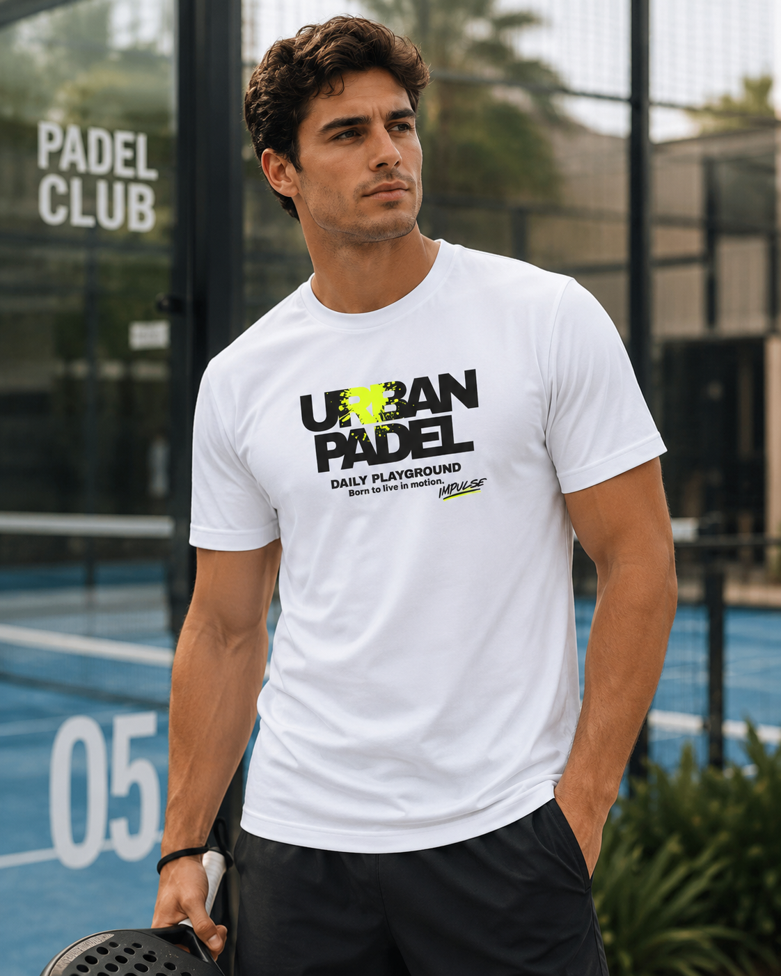 T-shirt Urban Padel blanc porté au club de padel