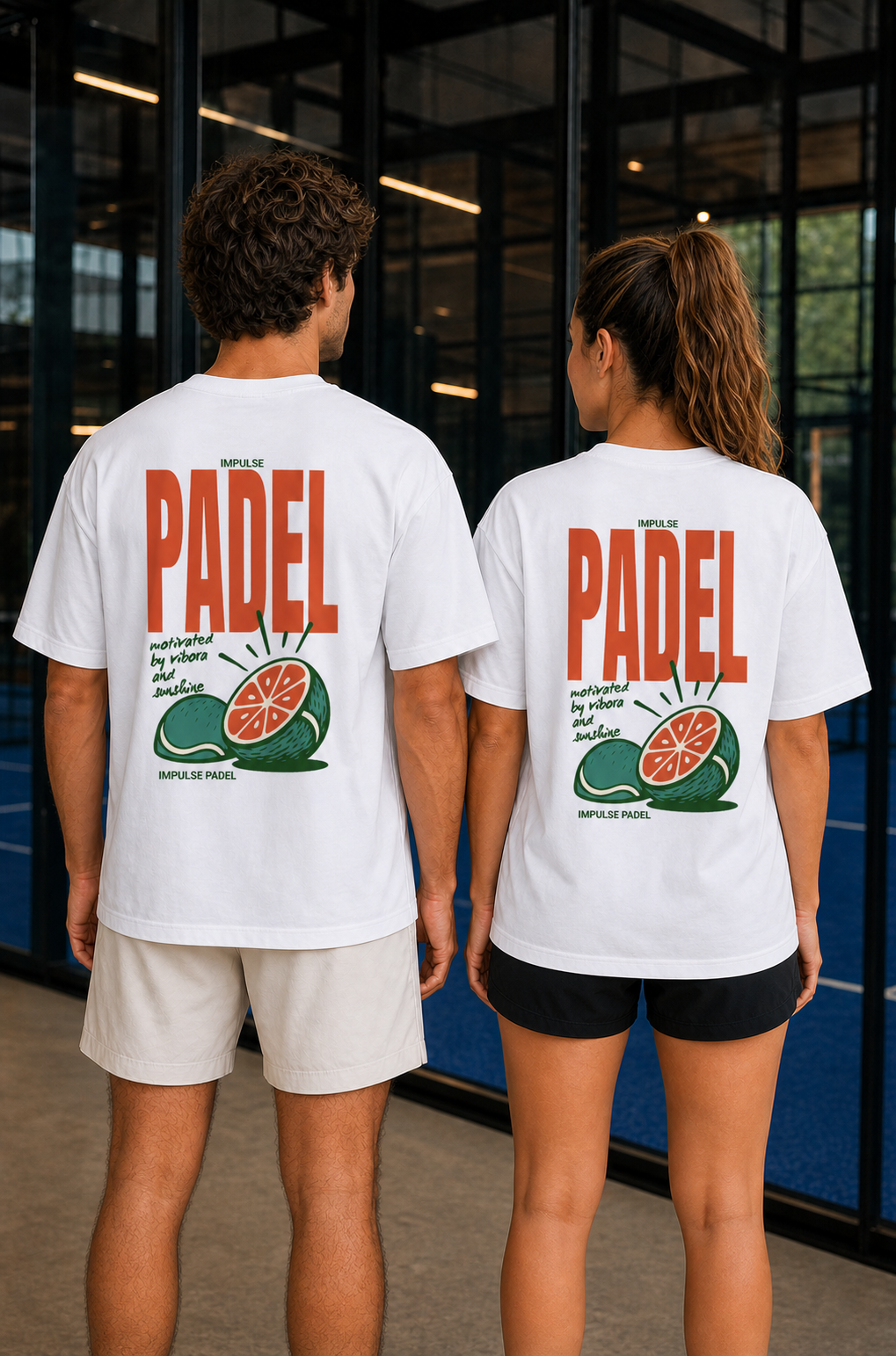 T-shirts Vibora & Sunshine homme et femme blancs portés de dos au club de padel
