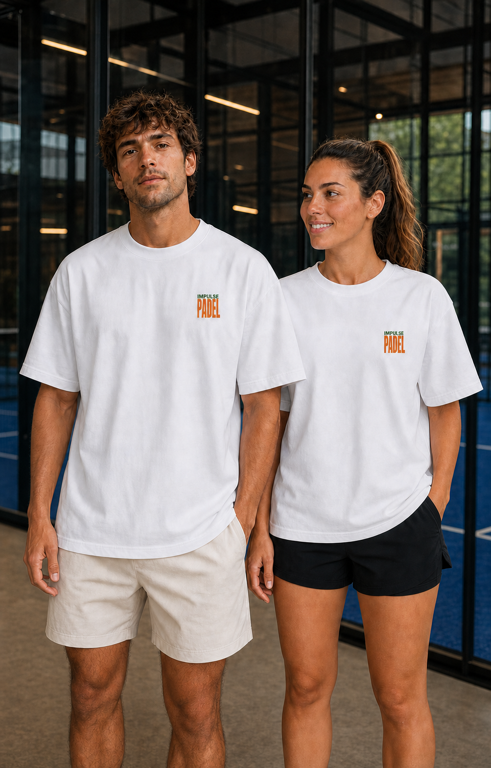 T-shirts Vibora & Sunshine homme et femme blancs portés de face au club de padel